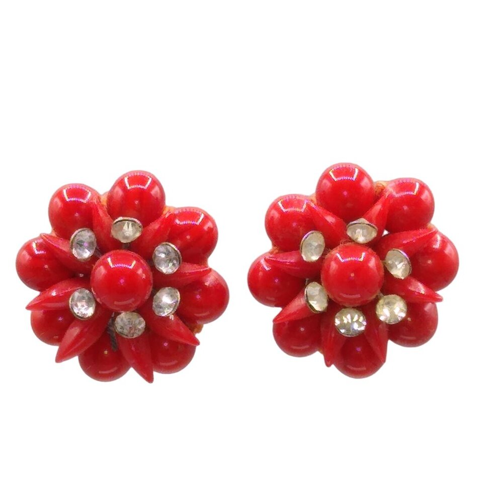 Red Art Glass Cluster Earrings, Bold Beads with Crystal Details, Japan Vintage